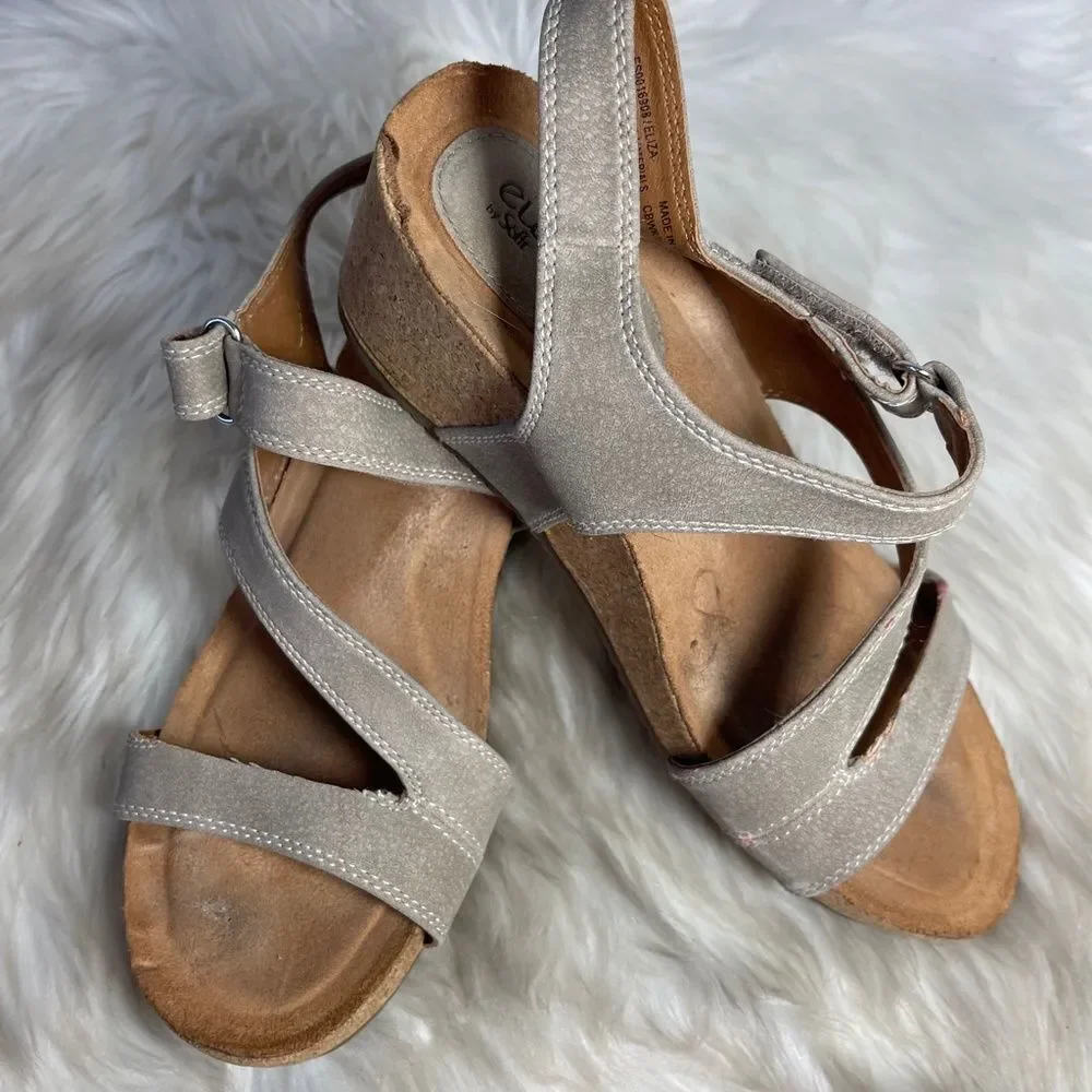 Euro Soft By‎ Soft Elda Tan Suede Cork Wedge Sandals Sz 8